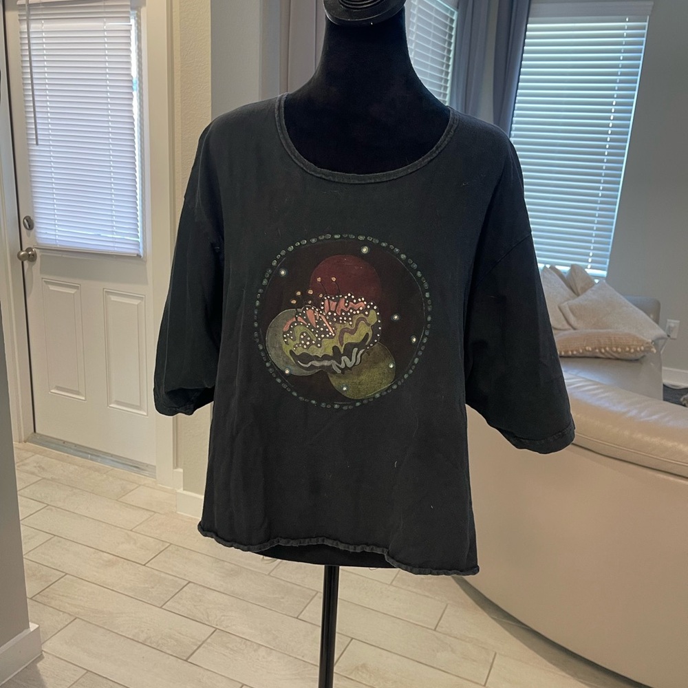 Blue fish art to wear organic cotton lagenlook blouse tee top Sz 1/S/M